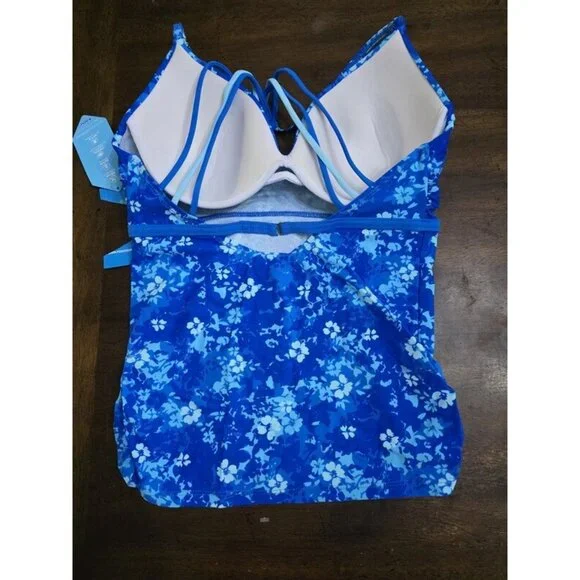 NWT Free Country Floral M Blue Underwired Strappy Tankini Swim Top 124556 - Picture 2 of 2